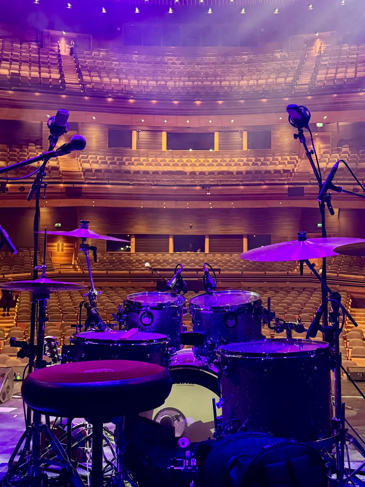 Drum screen and microphones set for a studio or theatre pit